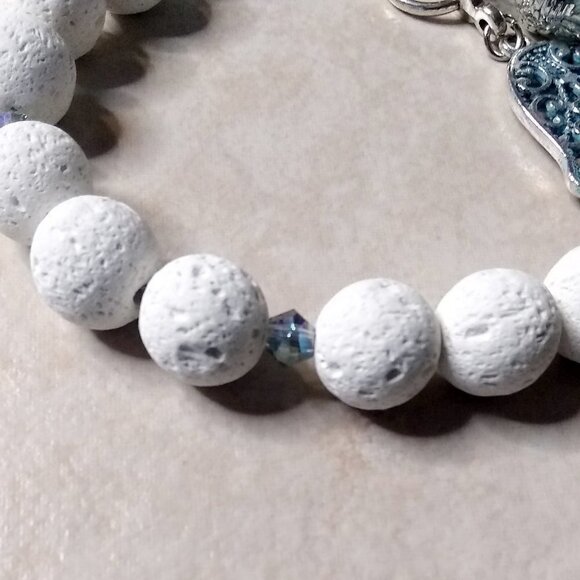 White Lava Bead Bracelet | Hamsa Hand & Buddha Charms | Blessings & Protection - Picture 9 of 10